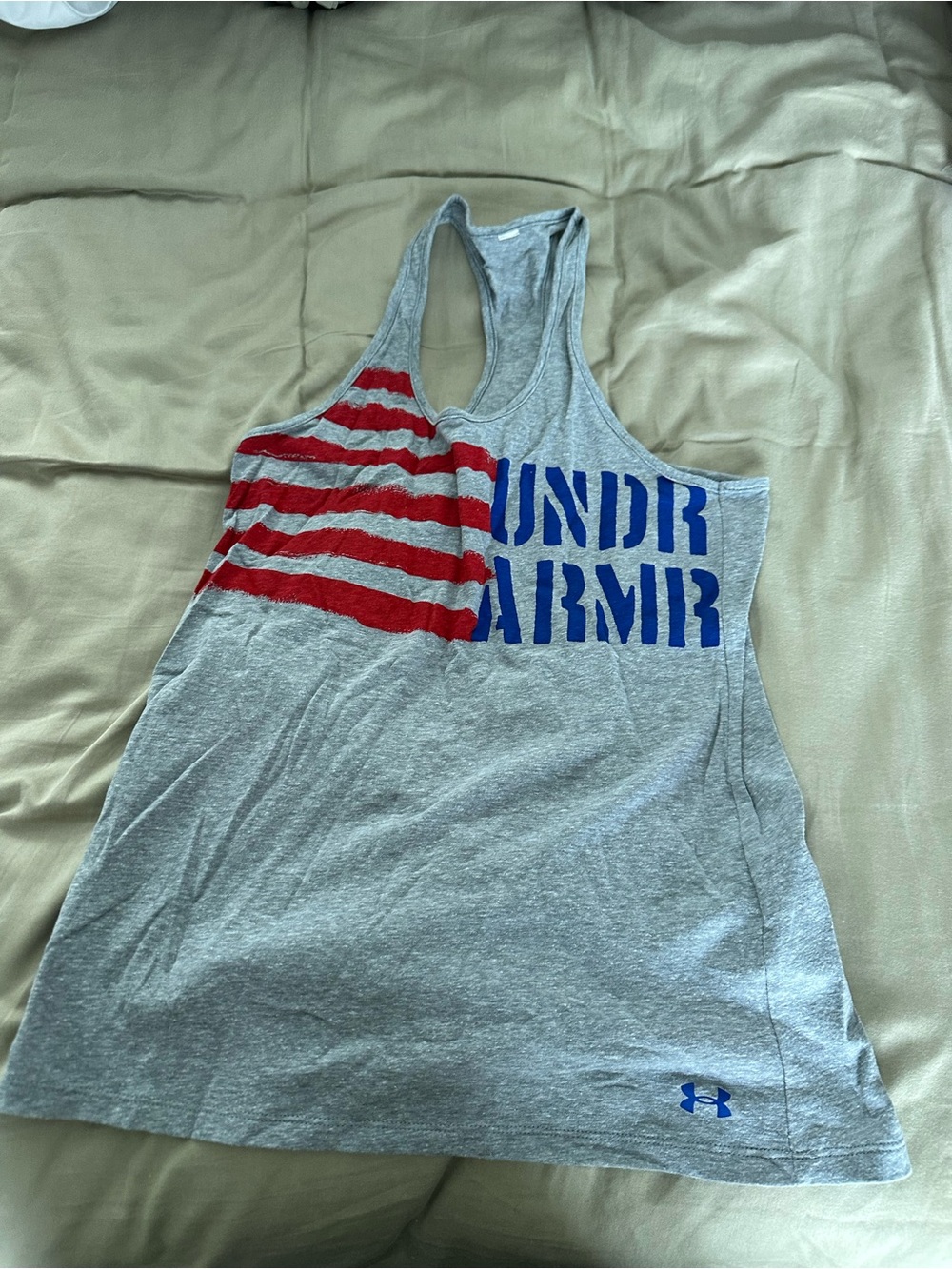 Under Armour Grey Tank with Red Stripes and Blue Logo